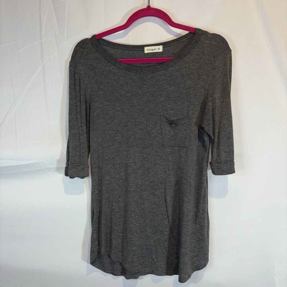 Ginger G Women's Size Medium Gray Knit Top Henley‎ 3/4 Sleeve Front Pocket